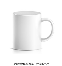 White Mug Vector. 3D Realistic Ceramic Or Plastic Cup Isolated On White Background. Classic Cafe Cup Mock Up With Handle Illustration. Good For Business Branding, Corporate Identity