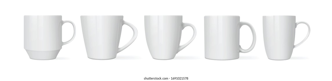 white  mugs of different designs isolated on white background mock up vector