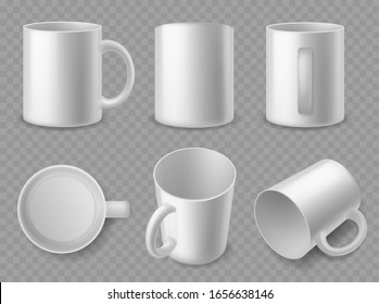 Pandillas blancas. Copas de cerámica realistas de diferentes lados, maquillaje para expreso y cappuccino, té y café, platos de porcelana 3d plantilla vectorial aislada