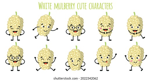 White mulberry fruit cute funny cheerful characters with different poses and emotions. Natural vitamin antioxidant detox food collection. Vector cartoon isolated illustration. Children concept.