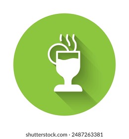 White Mulled wine with glass of drink and ingredients icon isolated with long shadow. Cinnamon stick, clove, lemon slice. Green circle button. Vector