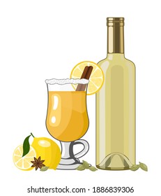 White mulled wine with spices and fruits in glass, vector illustration in flat style. Traditional winter warming drink on white background 