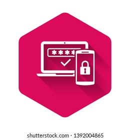 White Multi factor, two steps authentication icon isolated with long shadow. Pink hexagon button. Vector Illustration