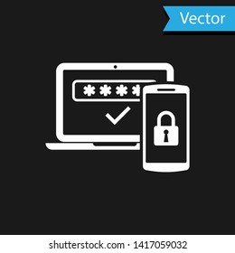 White Multi factor, two steps authentication icon isolated on black background. Vector Illustration