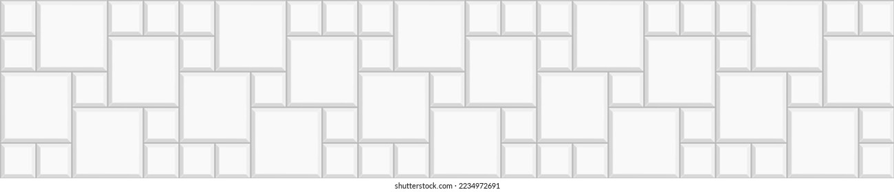 White multi pinwheel tile horizontal background. Bathroom, shower or toilet floor decoration. Sidewalk texture. Kitchen backsplash mosaic surface. Stone or ceramic brick wall. Vector flat illustration