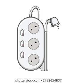 White multi socket power strip featuring three outlets with individual onoff switches, coiled electric cord, and plug, providing convenient power distribution for various devices