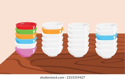 White and multicolor ceramic bowl stack on wood table vector illustration. Flat vector isolated. White bowl stack clipart, multicolor bowl stack clipart in cartoon style. Pile of bowl vector.
