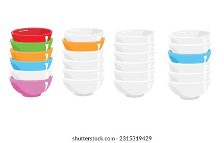 Pila de cuenco cerámico blanca y multicolor en la ilustración vectorial de mesa de madera. Vector plano aislado en blanco. Clipart de la pila del tazón blanco, clipart multicolor de la pila del tazón en estilo de dibujos animados. Pila de vector intestinal
