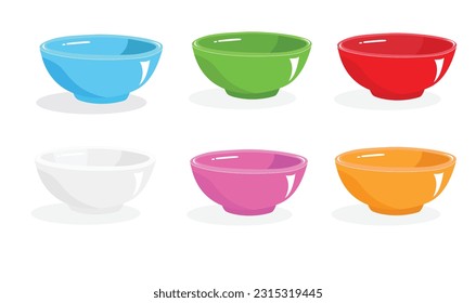 White and multicolor ceramic bowl stack vector illustration. Flat vector isolated on white background.  Multicolor bowl set clipart in cartoon style isolated on white background. Crockery set.
