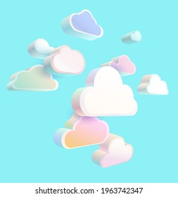 White and multicolored 3d clouds on blue sky. Vector modern illustration. 