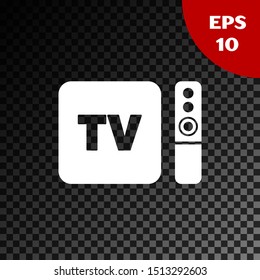 White Multimedia and TV box receiver and player with remote controller icon isolated on transparent dark background.  Vector Illustration