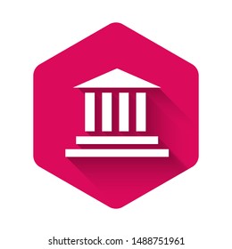 White Museum building icon isolated with long shadow. Pink hexagon button. Vector Illustration