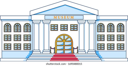 white museum building painted in a flat style with a red carpet and fences