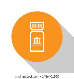 White Museum ticket icon isolated on white background. History museum ticket coupon event admit exhibition excursion. Orange circle button. Vector Illustration