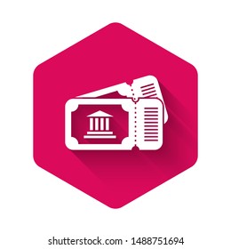 White Museum ticket icon isolated with long shadow. History museum ticket coupon event admit exhibition excursion. Pink hexagon button. Vector Illustration