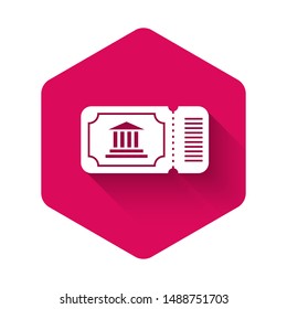 White Museum ticket icon isolated with long shadow. History museum ticket coupon event admit exhibition excursion. Pink hexagon button. Vector Illustration