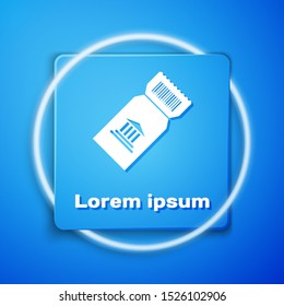 White Museum ticket icon isolated on blue background. History museum ticket coupon event admit exhibition excursion. Blue square button. Vector Illustration