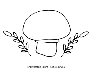 white mushroom champignon with symmetrical twigs with leaves for a logo, icon. Hand drawn vector element in black outline doodle style on white background.