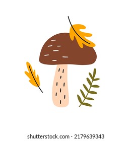 White mushroom with forest plants in doodle style. Cute children vector illustration isolated on a white background. Graphic elements for your design - poster, card, bag, t shirt