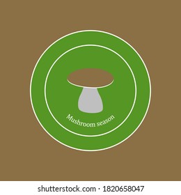 White mushroom in a green circle emblem. Mushroom farm. Forest harvest season. Edible mushrooms. Poster. Template for text. Natural food. Vector image. Background image.