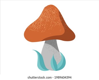 white mushroom with a noisy texture, rough shadow, isolated on a white background. Illustration in warm autumn colors. mushroom with leaves, isolated. vector EPS