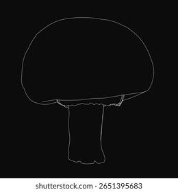 White mushroom outline stands out against a dark background with clean minimalist style. The simple vector illustration features smooth curves and sharp details. Perfect for nature themes.