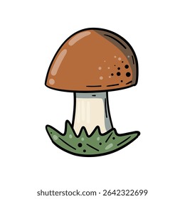 White mushroom in a playful doodle art style, hand drawn outline illustration, isolated design element. Edible Boletus with a characteristic brown cap, depicted growing in the grass.