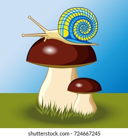 White mushroom with a snail on the cap.Vector illustration.