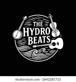 White music band logo featuring banjo, violin, guitar, and waves on a black background. Bold, modern, and ideal for music branding