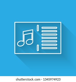 White Music book with note icon isolated with long shadow. Music sheet with note stave. Notebook for musical notes. Vector Illustration