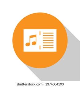 White Music book with note icon isolated on white background. Music sheet with note stave. Notebook for musical notes. Orange circle button. Flat design. Vector Illustration
