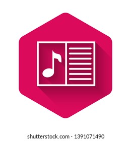 White Music book with note icon isolated with long shadow. Music sheet with note stave. Notebook for musical notes. Pink hexagon button. Vector Illustration