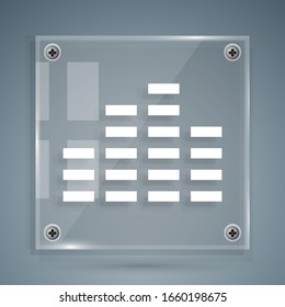 White Music equalizer icon isolated on grey background. Sound wave. Audio digital equalizer technology, console panel, pulse musical. Square glass panels. Vector Illustration