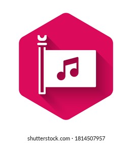 White Music festival, access, flag, music note icon isolated with long shadow. Pink hexagon button. Vector.