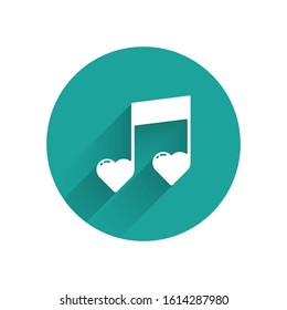 White Music note, tone with hearts icon isolated with long shadow. Valentines day. Green circle button. Vector Illustration