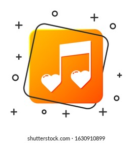 White Music note, tone with hearts icon isolated on white background. Valentines day. Orange square button. Vector Illustration