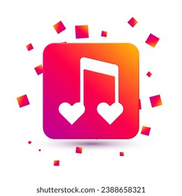 White Music note, tone with hearts icon isolated on white background. Happy Valentines day. Square color button. Vector