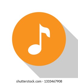 White Music note, tone icon isolated on white background. Orange circle button. Flat design. Vector Illustration