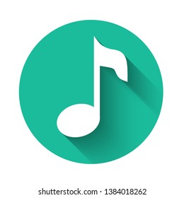 White Music note, tone icon isolated with long shadow. Green circle button. Vector Illustration