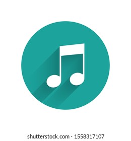 White Music note, tone icon isolated with long shadow. Green circle button. Vector Illustration
