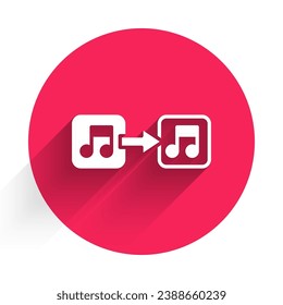 Nota de música blanca, icono de tono aislado con una sombra larga. Botón de círculo rojo. Vector