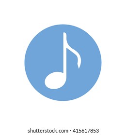 White music note vector icon. Blue circle. Blue button
