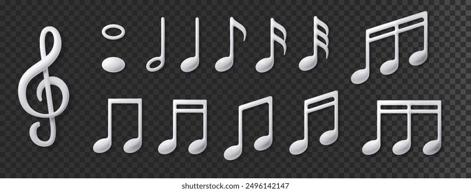 White music notes collection isolated. Vector 3d realistic icon collection