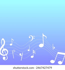 White music notes on blue and purple gradient background, vector illustration.