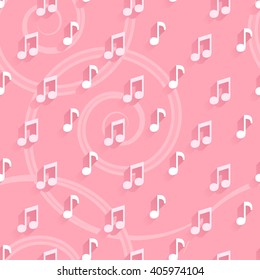White music notes on a pink background. Pink seamless pattern.