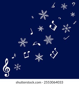 White music notes and snowflakes background, vector illustration.