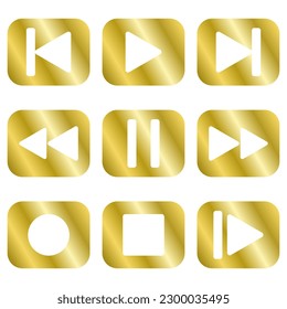 White music player buttons in golden rounded squares. Media player buttons in vector. Gold button. Icons set