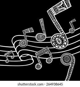 White music staff and notes on black background. Vector illustration.