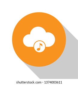 White Music streaming service icon isolated on white background. Sound cloud computing, online media streaming, online song, audio wave. Orange circle button. Flat design. Vector Illustration