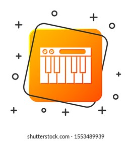 White Music synthesizer icon isolated on white background. Electronic piano. Orange square button. Vector Illustration